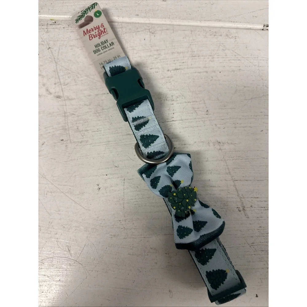 Merry Bright‎ Holiday Dog Collar Green Light Blue Christmas Tree Size L 16